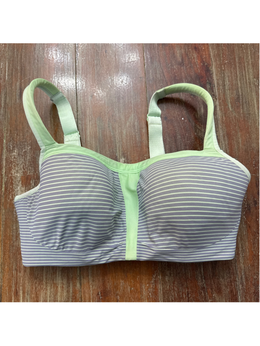 Le Mystere Hi Impact Underwire Convertible Sports Bra Grey Mint Stripe 36DD/E